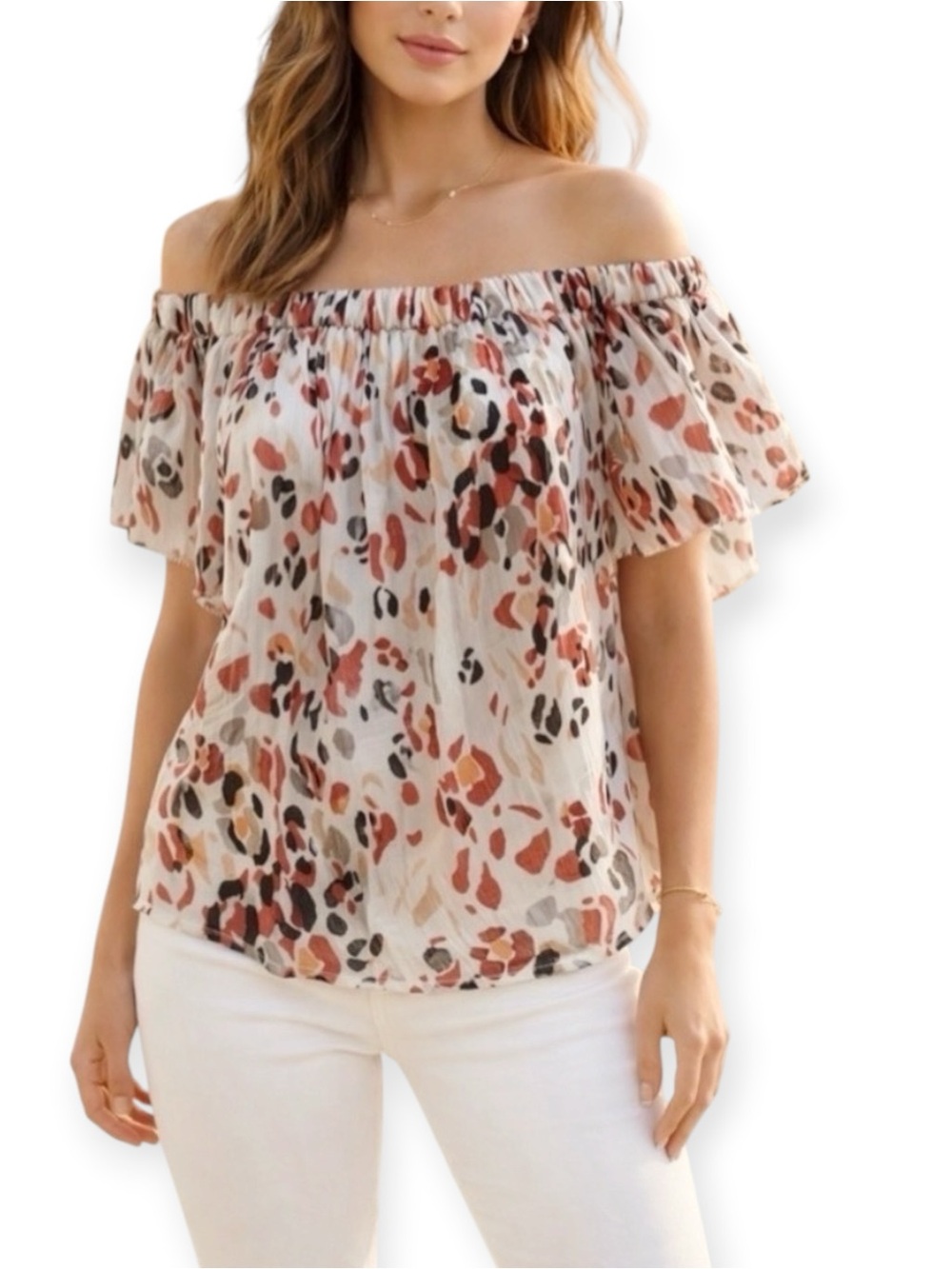 White House Black Market Chiffon Off Shoulder Animal Print Blouse Women’s 4